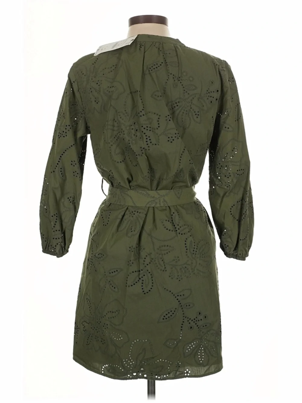 NWT Zara Olive Eyelet Floral Embroidered Tie-Waist Dress - Picture 3 of 3